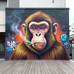 graffiti mural, portrait of a monkey smoking marijuana, located on a boardwalk in tokyo japan, by frank frazetta, yoji shinkawa, james jean, banksy, beeple, stik, jeff koons, takashi murakami, gary baseman, jim lee, ryan ottley, quentin tarantino film, a 1 one, shepard fairey