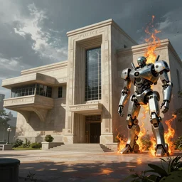 Futuristic police station. By Frank Lloyd Wright, concept art, digital painting, unreal engine, neoclassical, mech, robot, fractal flame, cinematic, highly detailded