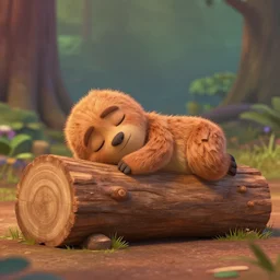 anthropomorphic wooden log sleeping snoozing, pixar style