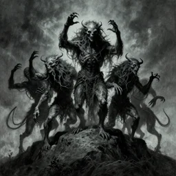ancient great beasts dancing on a moutain, beksinski, eldritch, apocalypse, creepy creature, horror spooky, dramatic light, 4 k, illustration, extremely detailed