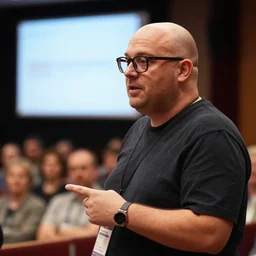 realistic, detailed photograph of a slightly - overweight, bald man with dark - rimmed glasses and light stubble giving a talk on stage at a conference in front of an audience.