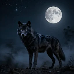 black wolf, night, sky full of stars and a full moon, dramatic black smoke everywhere, high detail, photorealistic, movie still, in the style of ben jeffery