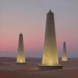 beacons of soft light drifting above a desert, classical landscape painting, oil paints, highly detailed, late evening with pink light on the horizon