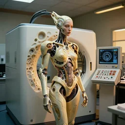 a mri 3 d printer machine and control panels in the laboratory inspection room making a cybernetic symbiosis, cybernetic mech cyberpunk woman, organic ceramic fractal forms, golden hour lighting, film still from the movie directed by denis villeneuve with art direction by wayne barlowe and salvador dali, wide lens, f 3 2,