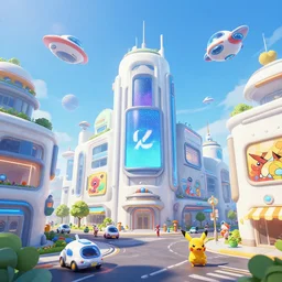a future urban city, white buildings + colorful decorative + led billboards + brand logo, cute future vehicles, cute spacecraft flying in the air, cute pokemon walking on the street, cute scene, huge universe, alien planet in the sky faraway, dokev, ratchet & clank, overwatch, splatoon 3