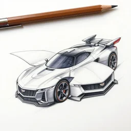 a 5 0 s color pencil product design concept drawing of a flying cadillac car model with wings and a back thruster