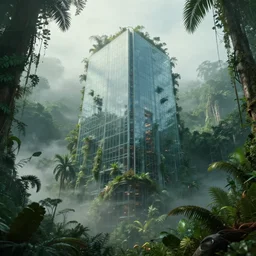 movie still frame, futuristic glass building in a jungle, fog, beautiful composition, 8 k, cgi, by ridley scott, james cameron, zack snyder and michael bay