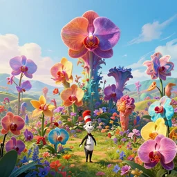 beautiful digital illustration of a field of giant multi - colored orchids by dr. seuss, reimagined by industrial light and magic and beeple : 1 | towering megaflora by dr. seuss, spectral color, rolling hills, wide angle : 0. 9 | fantasy, cinematic : 0 unreal engine, octane, finalrender, devfiantart, artstation, artstation hq, behance, hd, 1 6 k resolution : 0. 8