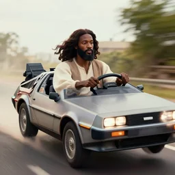 african jesus driving a flying delorean,