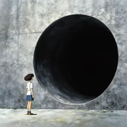 mamoru oshii miyazaki movie poster, ultra wide, brutalist, girl outside a large vanta black hole in the side of a concrete wall, entrance to a dark tunnel, black circle, black round hole, black depths