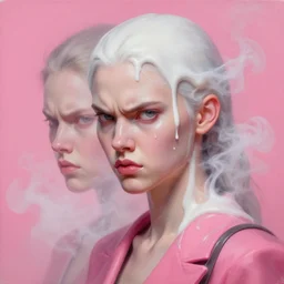 3 d, close - up, liquid white oil, angry fashion model, light fog, smoke, poster art, high detail, intricate oil painting, multiple exposure, deep pink color palette, hyperrealism, 3 d, by tooth wu and wlop and beeple and greg rutkowski