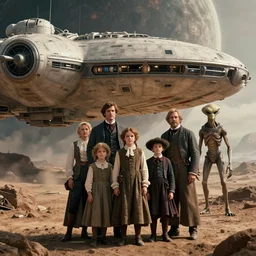 highly detailed, 137438953472k film, still from a sci fi blockbuster color movie made in 2019, set in 1860, of a family standing in front of a spaceship that has just landed on an alien planet, a humanoid alien creature stands nearby, the family are all wearing 1860s era clothes, good lighting, good photography, ultra high definition