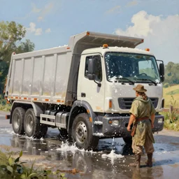 classic oil painting, a dump truck going through a car wash, water, soap, as a dnd character, cottagecore, highly detailed, digital illustration, concept art, smooth, sharp focus, art by greg hildebrandt, and tim hildebrandt