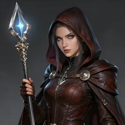 portrait of a mix between archmage and rogue, female, shiny scepter and dagger, leather robes, high fantasy, dnd, face details, extremely detailed, smooth, sharp focus, digital illustration, by artgem, rossdraws, sakimichan