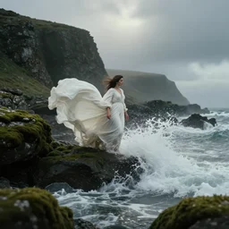 dark and moody 1 9 7 0's artistic spaghetti western film in color, a woman in a giant billowy wide long flowing waving white dress transforming into sea spray, standing inside a green mossy irish rocky scenic landscape, crashing waves and sea foam, volumetric lighting, backlit, moody, atmospheric, fog, extremely windy, soft focus