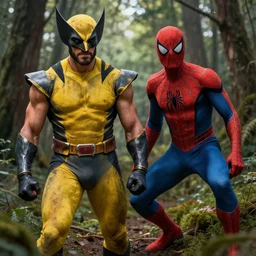 wolverine and spider - man in the woods digital art 4 k detailed super realistic