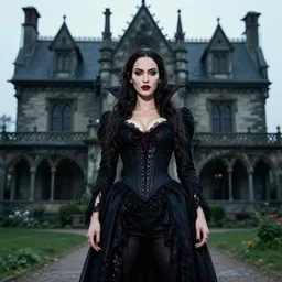 megan fox posing as a vampire in gothic clothing in front of a gothic house