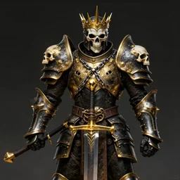 lich king wearing black and gold armor with skulls and chains, holding a two handed sword with golden handle, wearing spiked crown helmet with skull mask concept art artstation