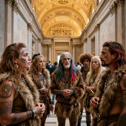a group of trappers with face tattoos and multicolor hair visiting vatican museum