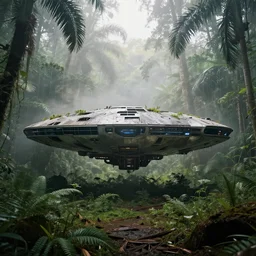 documentary photo overgrown marc newson spaceship high - tech symmetry godrays haze ruins in jungle dripping sunlight derelict