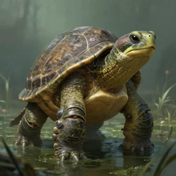 a turtle wearing a mech suit in a swamp, diffuse lighting, fantasy, highly detailed, photorealistic, digital painting, artstation, illustration, concept art, smooth, sharp focus, in the style of tom bagshaw