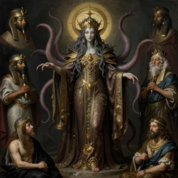 lovecraftian cthulhu high priestess with tentacles and ornate robes portraiture matte painting by peregrino, tintoretto, van dyke, peter paul rubens, jean baptiste greuze, giovanni battista piazzetta, fayum, diego velazquez, anders zorn, herbert james draper, trending on artstation, highly detailed, hyperrealism, hyper detail