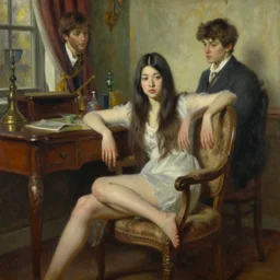 oil painting by ilya kuvshinov,, baugh casey, rhads, coby whitmore, of a youthful japanese beauty, long hair, sitting on antique chair leaning against a desk, victorian room