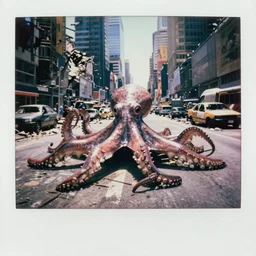 giant octopus body lyong on the ground in postapocalyptic abandoned destroyed times square, wrecked buildings, destroyed flipped wrecked cars, polaroid photo, vintage, 1 9 8 5, very sunny day, summer, noon, strong backlighting, color photo by shawn heinrichs by brian skerry by gregory crewdson