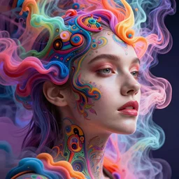a beautiful woman engulfed in colorful liquid smoke and neon clouds, a colorful psychedelic experience, dmt, lsd, face, delicate, highly detailed, artstation, concept art, smooth, sharp focus, illustration, digital art by hana yata, and artem demura, alphonse mucha, lisa frank, artgerm, octane render, unreal engine, 8 k, glitch art
