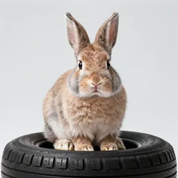 a bunny sitting on a car tire looking into the camera, studio photo, 8k resolution, high details