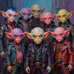 apocalyptic scifi squalor goblin characters posing together in a professional group photo, psychedelic vibrant colors, futuristic punk rock fashion, oil painting by michael whelan art, perfect faces, sharp focus, detailed eyes, realistic, leather jackets, 8 k