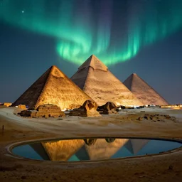 A highly detailed 4K fantasy matte painting Pyramids of Giza at night time, there is an aurora, milky way, reflecting pool, atmospheric, Thomas Kinkade, Greg Rutkowski, ArtStation, CGSociety, Unreal Engine