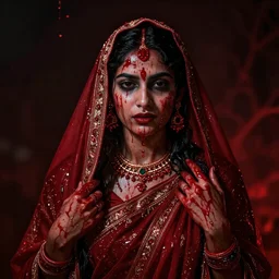 beautiful Hindu lady of the dark with veil, in darkness, cover with a lot of red water, horror terrifying, surreal realistic, photorealistic, hyper details, full HD, 8k!