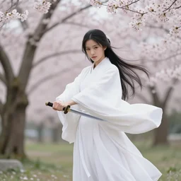 a beautiful White cloaked Samurai Warrior with Sword Drawn in a garden of Cherry Blossom Trees :: Mystical, Magical, Supernatural :: by Tomomi Abe
