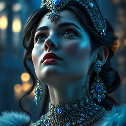 photo of wonderful princess of sapphire with fair skin, she is looking up, glowing, ornate and intricate blue jewelry, jaw dropping beauty, glowing background lighting, blue accent lighting, hyper detailed, award winning photography, 4 k octane render