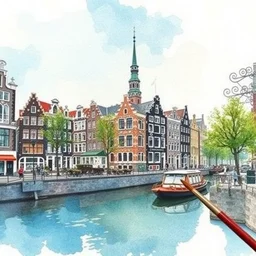 a beautiful shot of amsterdam, watercolor, paint brush, handmade
