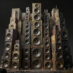 highly detailed surreal vfx portrait of a 3 d brutalist landscape of stacks of recursive speakers, polyphonic ecstacy, ornate, hyperrealistic, octane render, chiaroscuro, inspired by james jean, android jones, beeple, rhads, alphonse mucha, frostbite 3 engine
