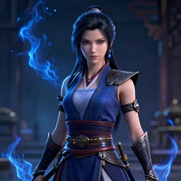 Azula from avatar  the last Airbender posing, blue flames, dark atmosphere, cinematic shot, intricate, ornate, photorealistic, ultra detailed, realistic, 100mm, photography, octane, high definition, depth of field, bokeh, 8k, artstation