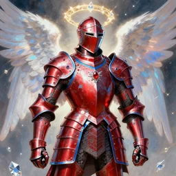 rococo style painting of full plate armor of crimson metal with azure blue lining and ruby studded worn by an angel with glowing wings, impressive helmet, magic, enchanted, intricate, crystal, 8 k, artstation trending, masterwork