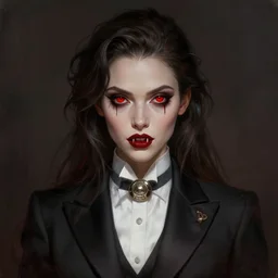 portrait of riley keough in bloody business suit, blood red eyes, vampire fangs, fantasy, intricate, elegant, highly detailed, digital painting, art by aenaluck and roberto ferri and greg rutkowski, epic fantasy, digital painting