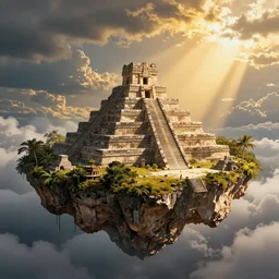 an artwork of a sky island with a landscape of Maya civilisation, golden blooming sunlight