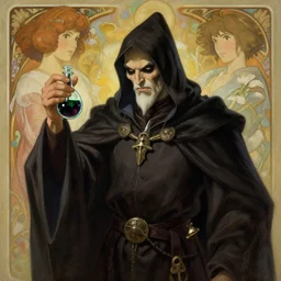 villianous medieval assassain holding vial of poison, natural lighting, path traced, highly detailed, high quality, digital painting, by don bluth and ross tran and studio ghibli and alphonse mucha, artgerm