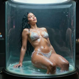 film still of kim kardashian inside a glass chamber unconscious. wearing a bikini, slathered in a transparent alien liquid. wet flowing hair, goo, illustration, unreal engine 5, 8 k, directed by h. r. giger.