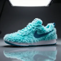 nike shoe made of very fluffy cyan faux fur placed on reflective surface, professional advertising, overhead lighting, heavy detail, realistic by nate vanhook, mark miner