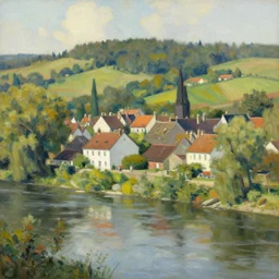 beautiful village by the river landscape styled by peter doig