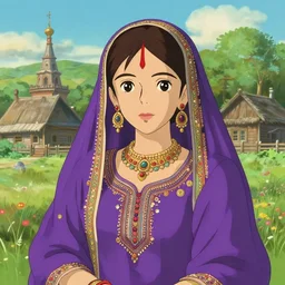 portrait art of beautiful hyderabadi girl in purple summer outfit at russian village, art by studio ghibli, makoto shinkai, trending on artstation, intricate details