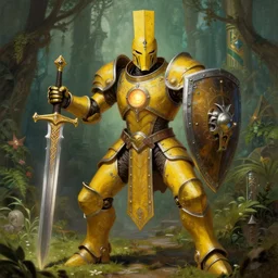 full body, attack position Ciurlionis, Mikalojus Konstantinas and Ross Tran painting in lush fantasy environment of a ornate holy mechanical warforged with circular glowing eye, character in yellow armor holding a legendary paladin engraved holy great longsword and carrying a huge heavy paladin shield, vertically flat head, face in focus, epic , trending on ArtStation, masterpiece,  cinematic lighting