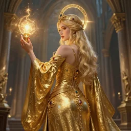 Priestess, golden robes, accessories, beautiful, holy magic, casting, church background, high fantasy, dnd, d&d, detailed, gorgeous derriere, face focus!, matte painting, extremely detailed!, behind, by Genzoman, greg rutkowski, WLOP and Andrei Riabovitchev, trending on Artstation, artstationHD, artstationHQ, deviantart