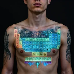 a young man has beautiful glowing tattoos on his chest and shoulders depicting different elements in the periodic table, as well as their atomic structures by marco mazzoni and david a. hardy, style of thalassophobia