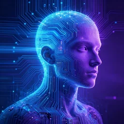 portrait of a circuit board human, cyberspace, blue and purple, light beams, hacker, digital art, intricate brushstrokes, gorgeous, beautiful, glow, metamorphosis